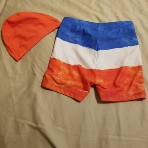 Baleaf Color Block  Boys Athletic Swim Jammer UPF Training Swim Short W/Hat NWOT